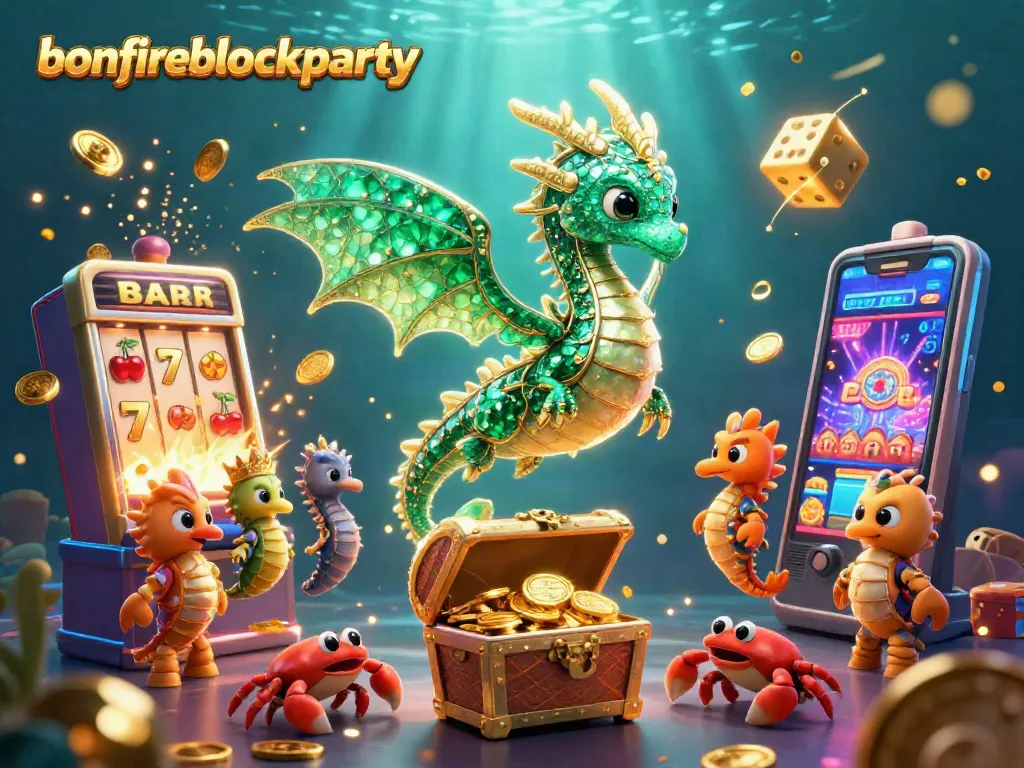 Experience the excitement of bonfireblockparty with an emerald sea dragon and casino elements in vibrant detail.