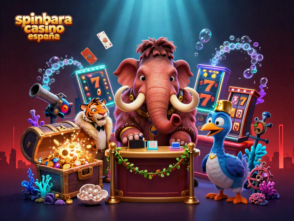 Experience the thrill at spinbara casino españa with a vibrant scene featuring playful characters and slot game elements.