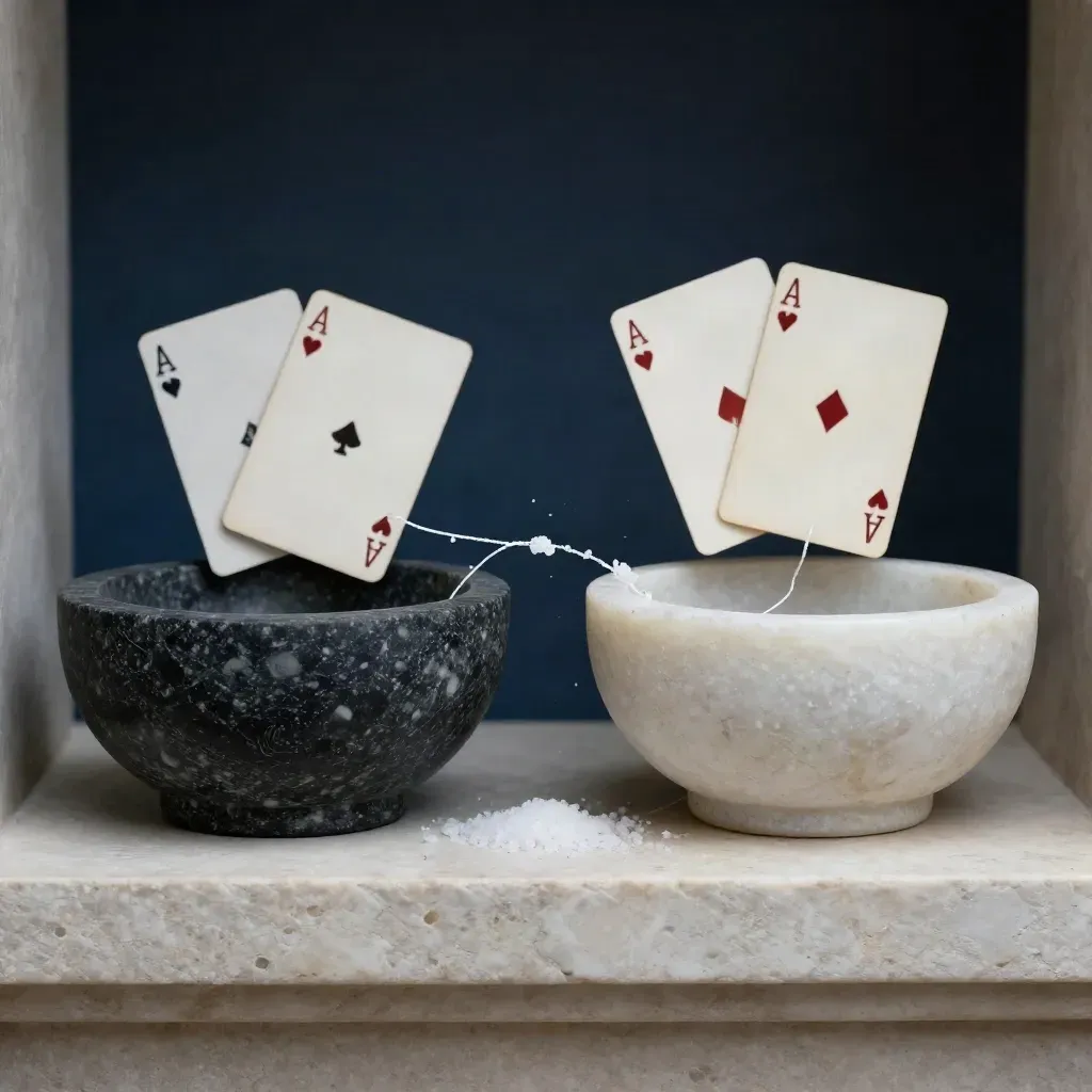 Dos cuencos de piedra con una línea de sal en tensión y cartas boca abajo sobre travertino.