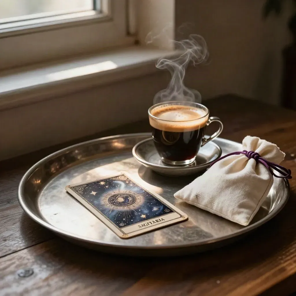 Bandeja ritual con carta oracular, espresso humeante y saquito de lino en luz cálida.