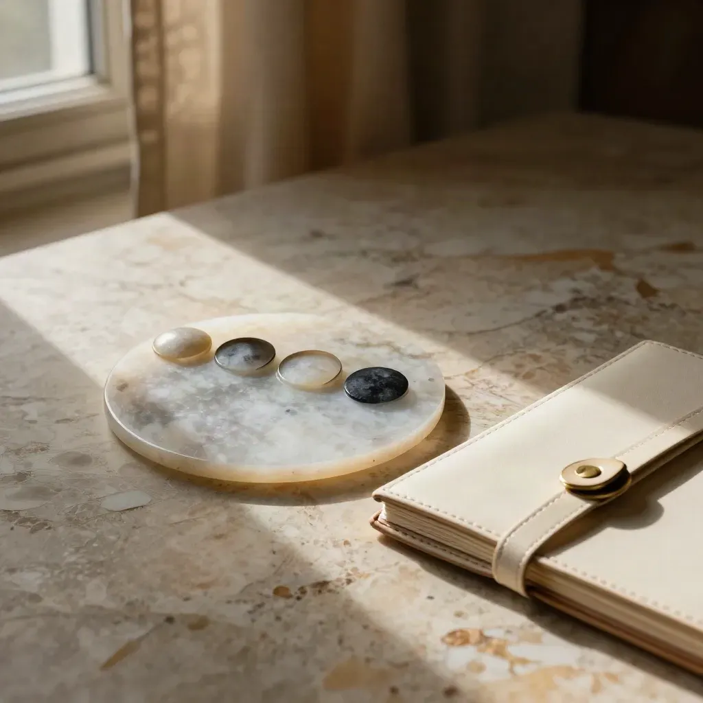 Disco lunar, cuatro piedras de fases y agenda marfil cerrada sobre piedra cálida.