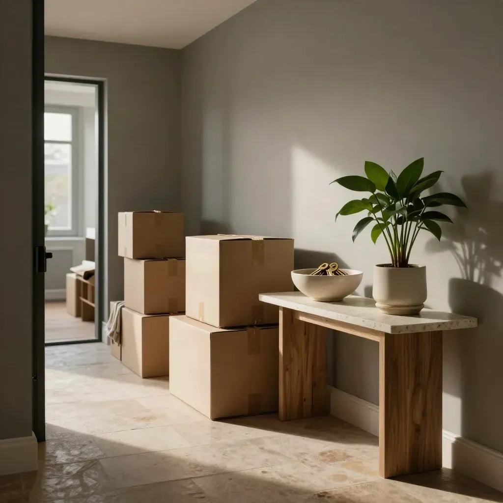 Entrada de apartamento con cajas alineadas, cuenco de llaves y planta en luz cálida.