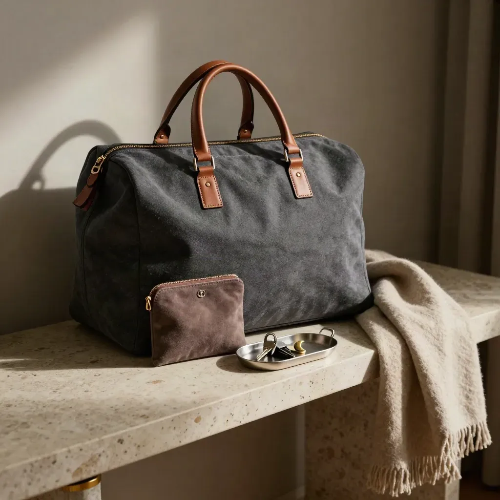 Bolso de viaje, llaves y neceser sobre consola, listos junto a un pasillo suave y cálido.