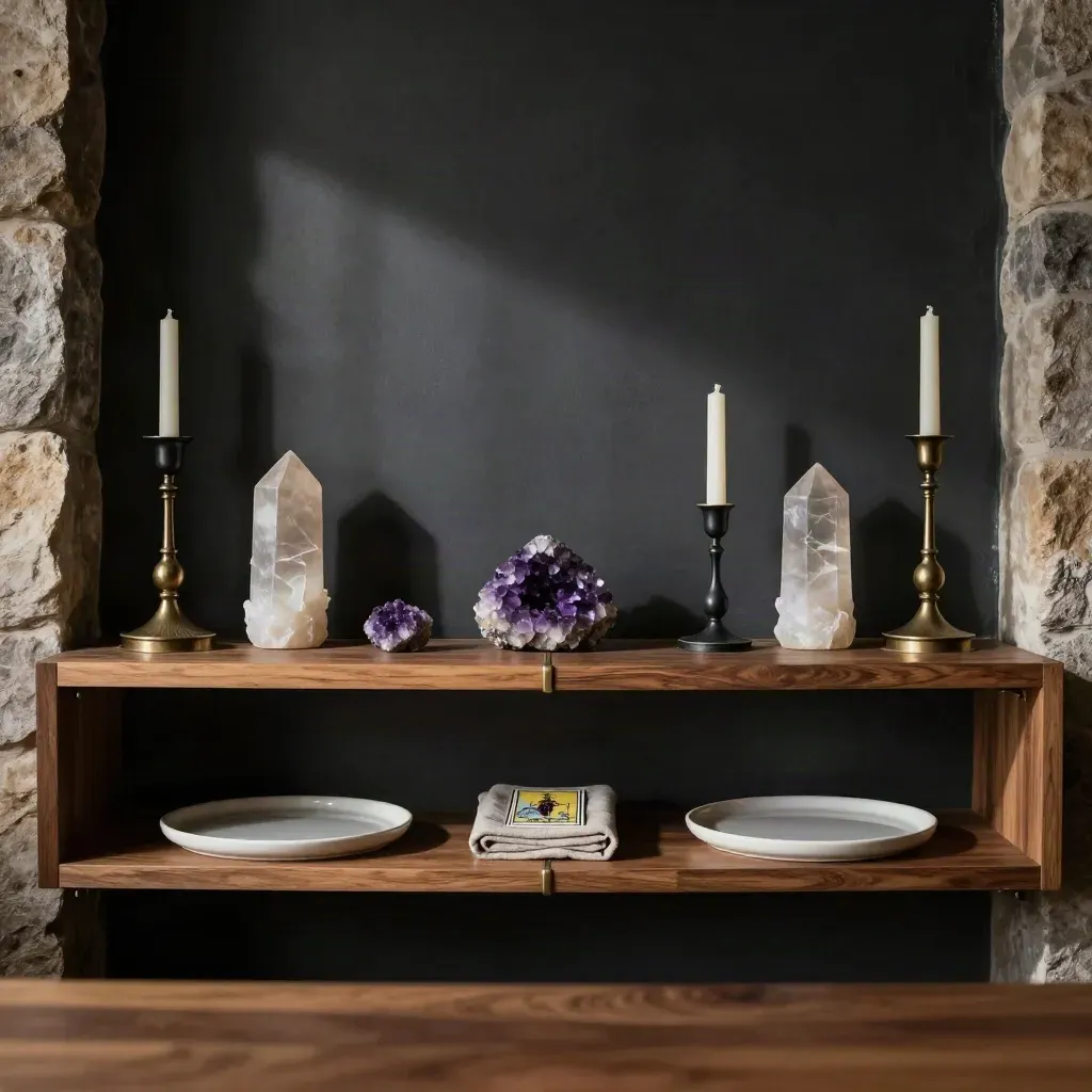 Estantería astrológica simétrica con velas, cristales y bandejas gemelas en penumbra.