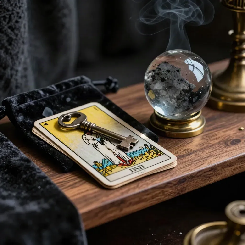 Tarot de Marsella gastado, bolsa de terciopelo negro y esfera de cristal ahumado en luz dramática.