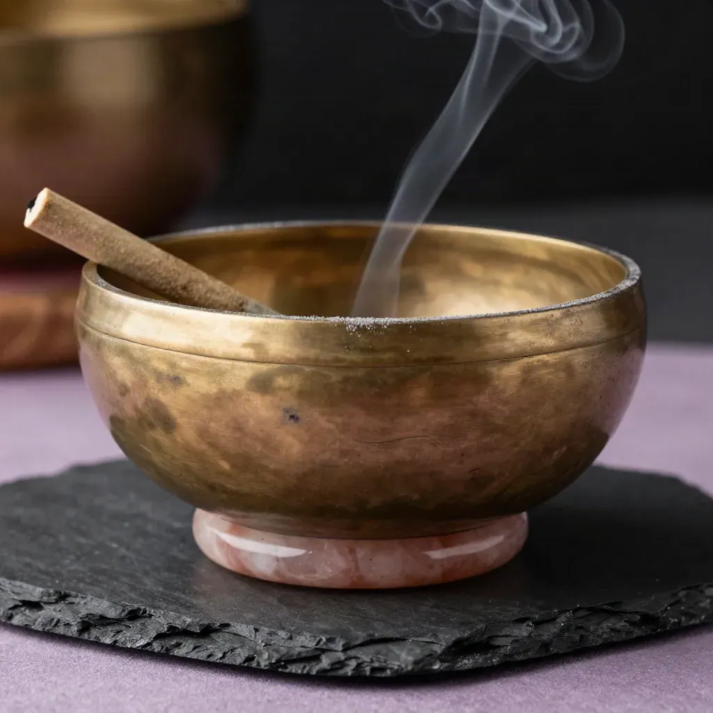 Cuenco tibetano de latón con ceniza, incienso y cuarzo rosa entre humo tenue.