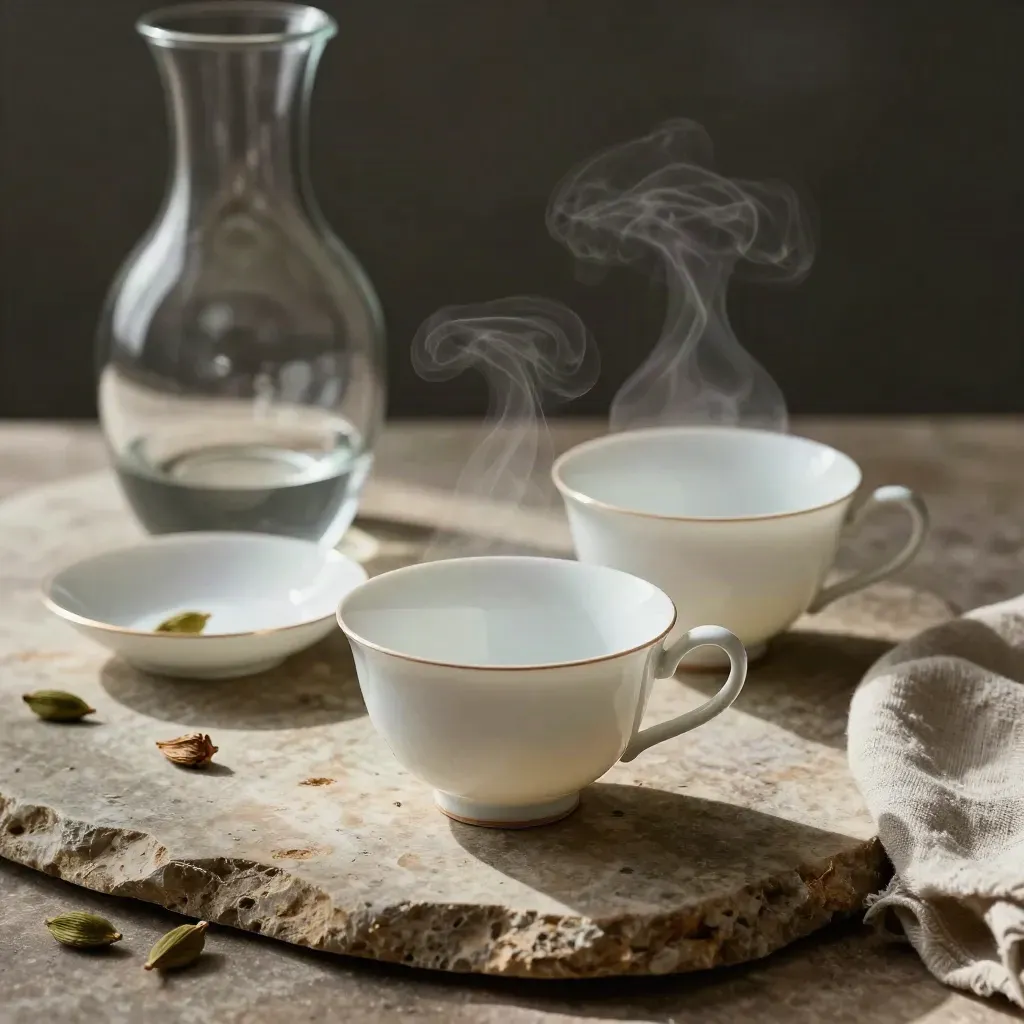 Dos tazas de porcelana con vapor, carafe y cardamomo sobre piedra, estilo editorial.
