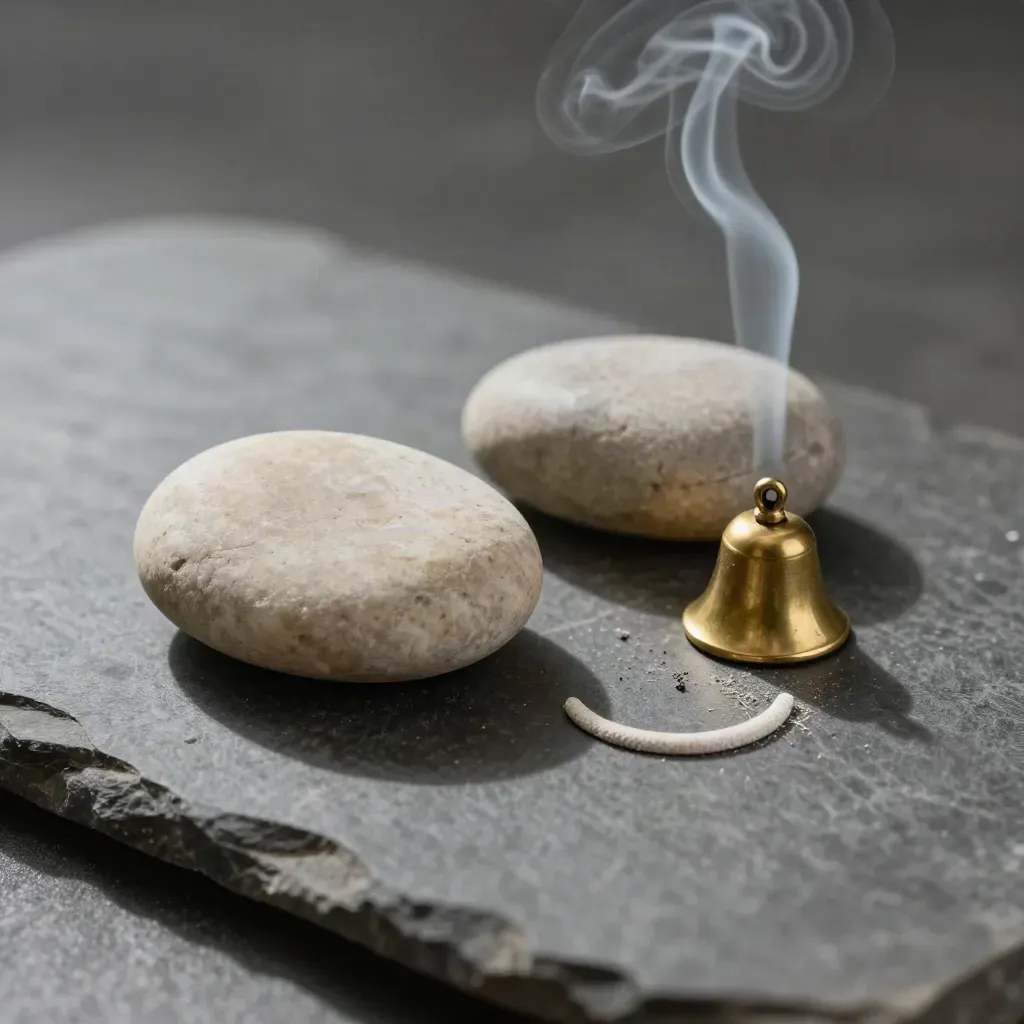 Piedras de pregunta, campanita y ceniza de incienso sobre piedra mate.