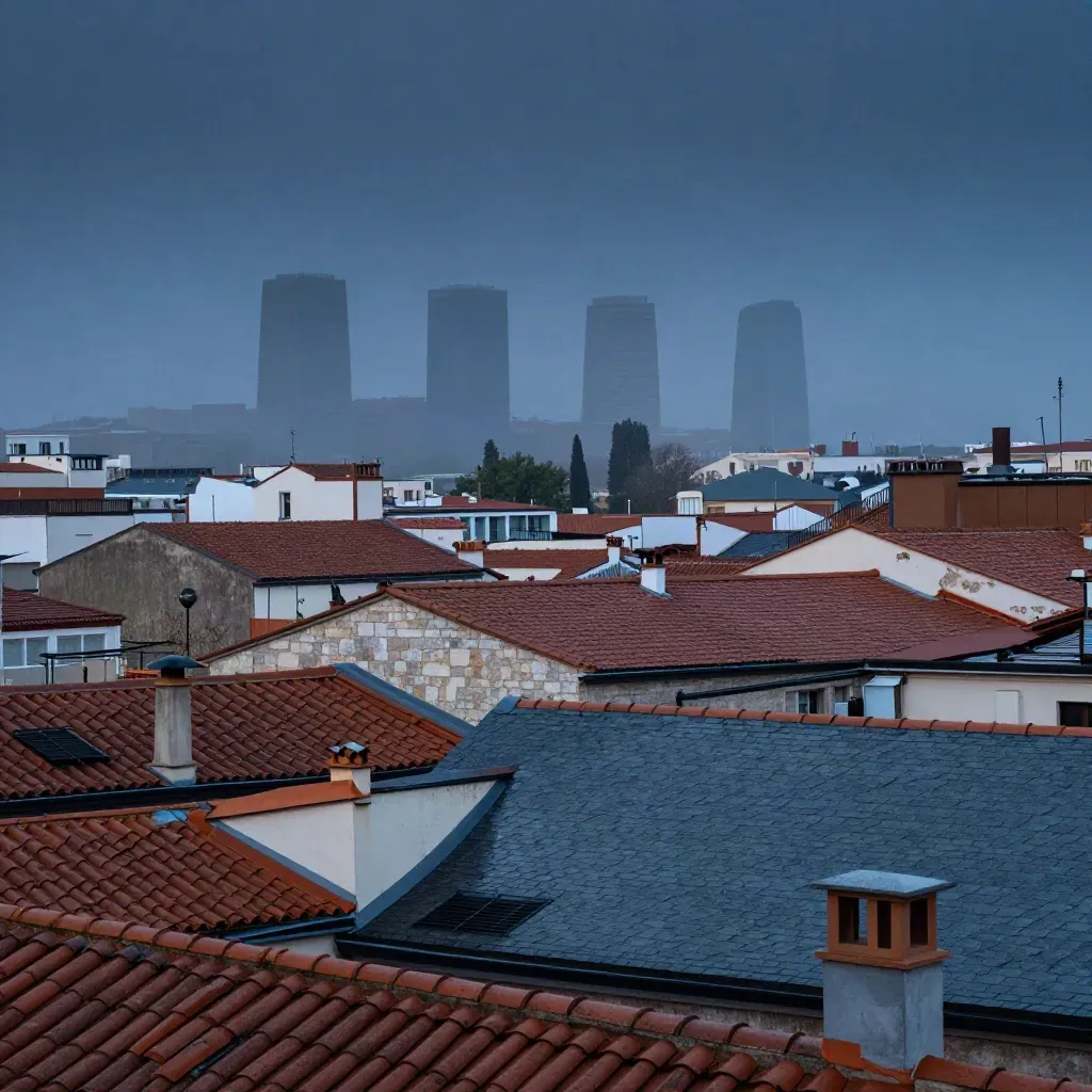 Tejados de Madrid con las Cuatro Torres al atardecer, tras la lluvia y entre la niebla.