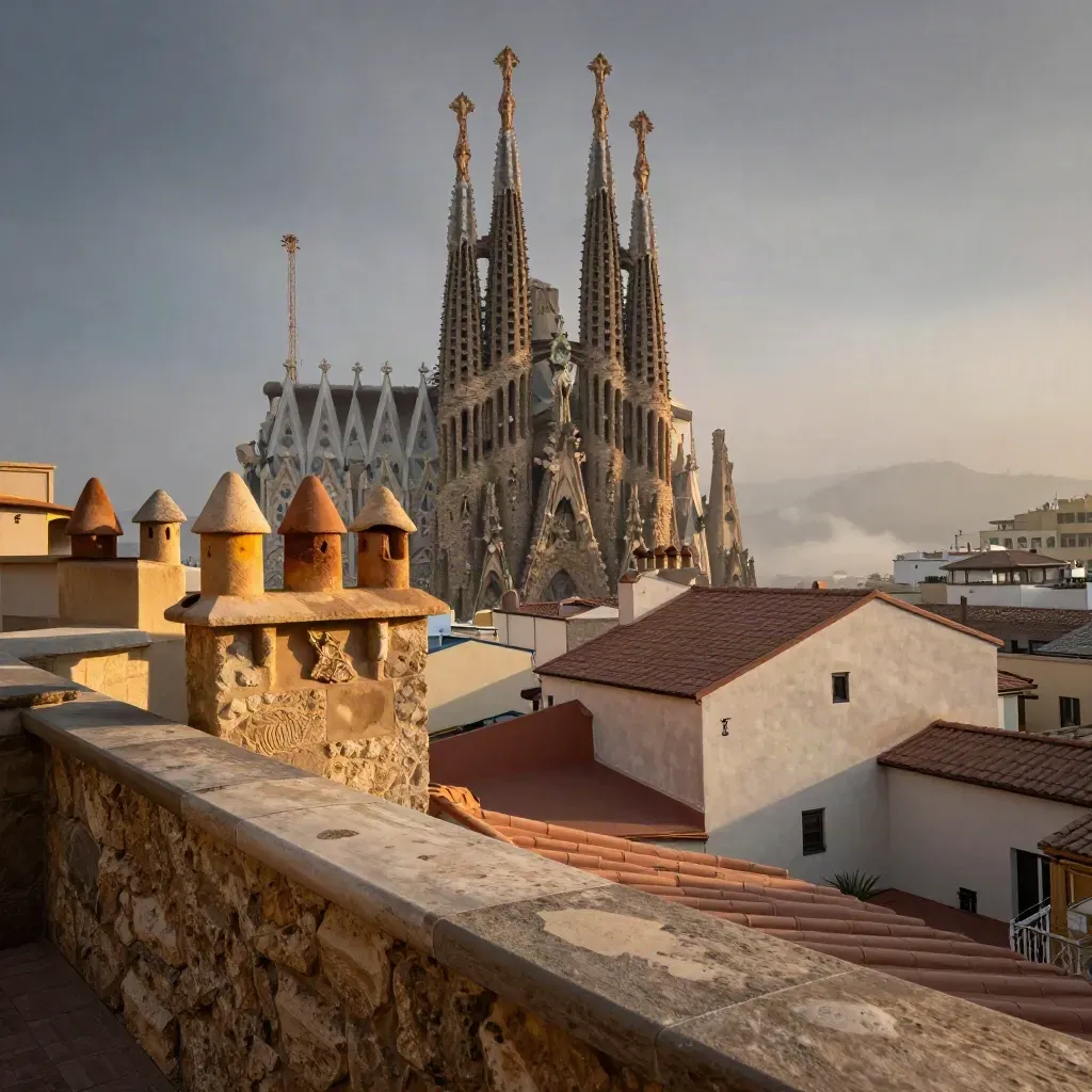 Vista de Barcelona con la Sagrada Familia y tejados al atardecer dorado, envueltos en bruma marina.