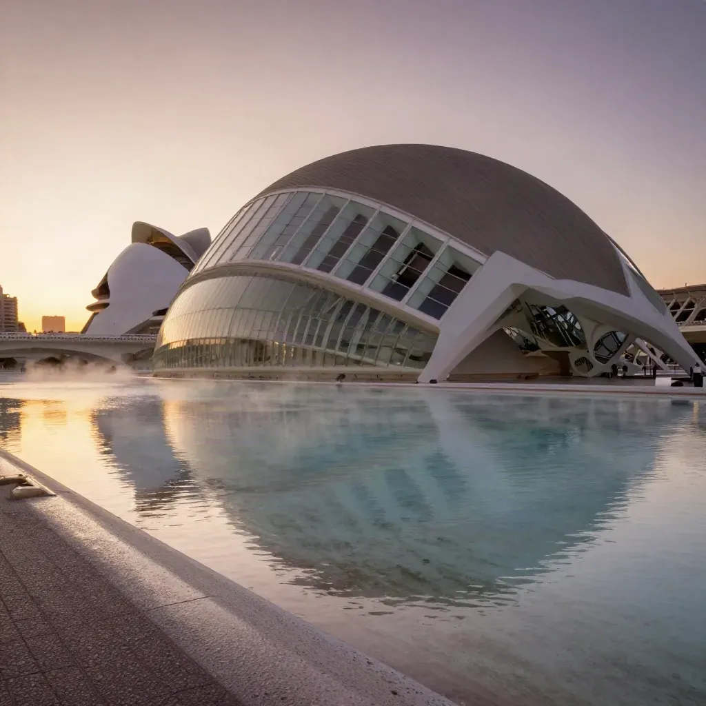 La Ciudad de las Artes y las Ciencias de Valencia reflejada en agua tranquila al atardecer