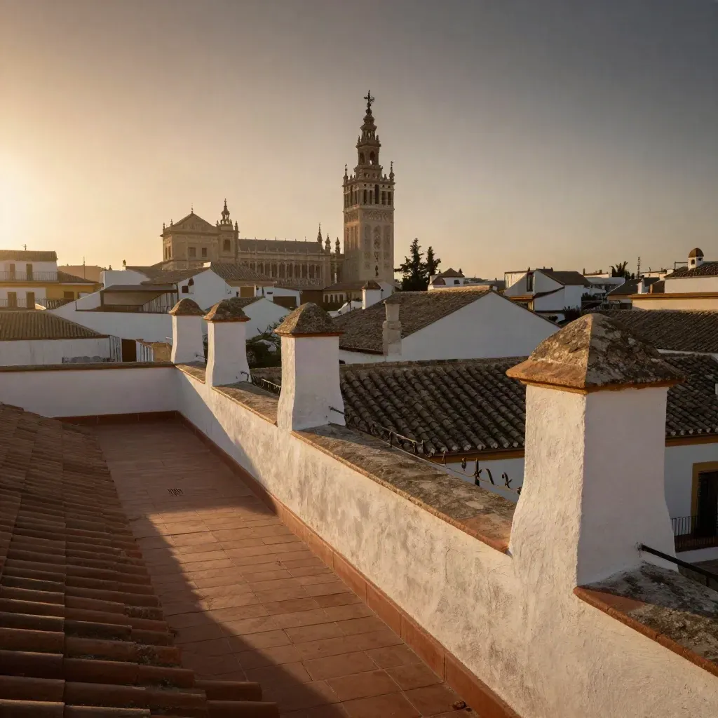 Terrazas de Sevilla al atardecer con la silueta de la Giralda y tejas de terracota.