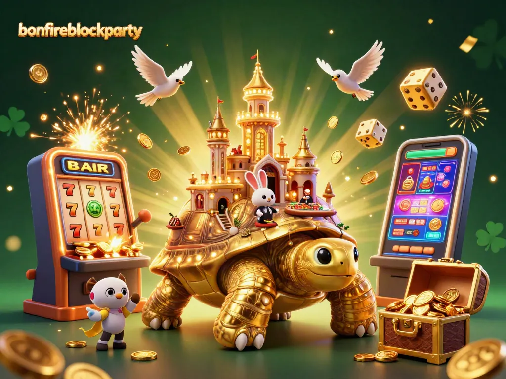 Experience the excitement of bonfireblockparty with a vibrant casino-themed digital illustration showcasing games and golden elements.