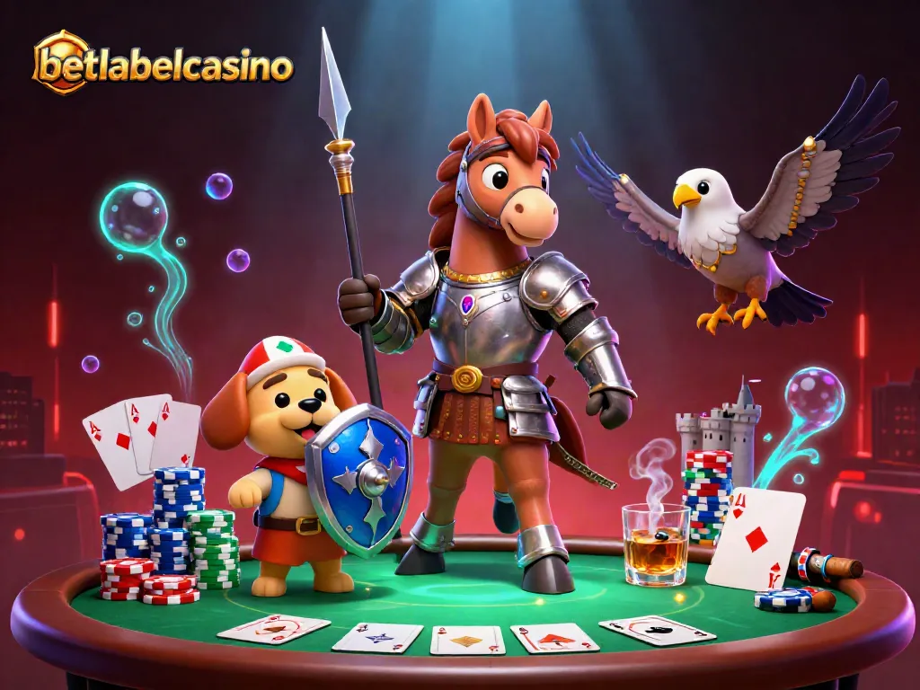 Explore betlabelcasino's top gaming experience with knights and poker in an energetic casino scene.